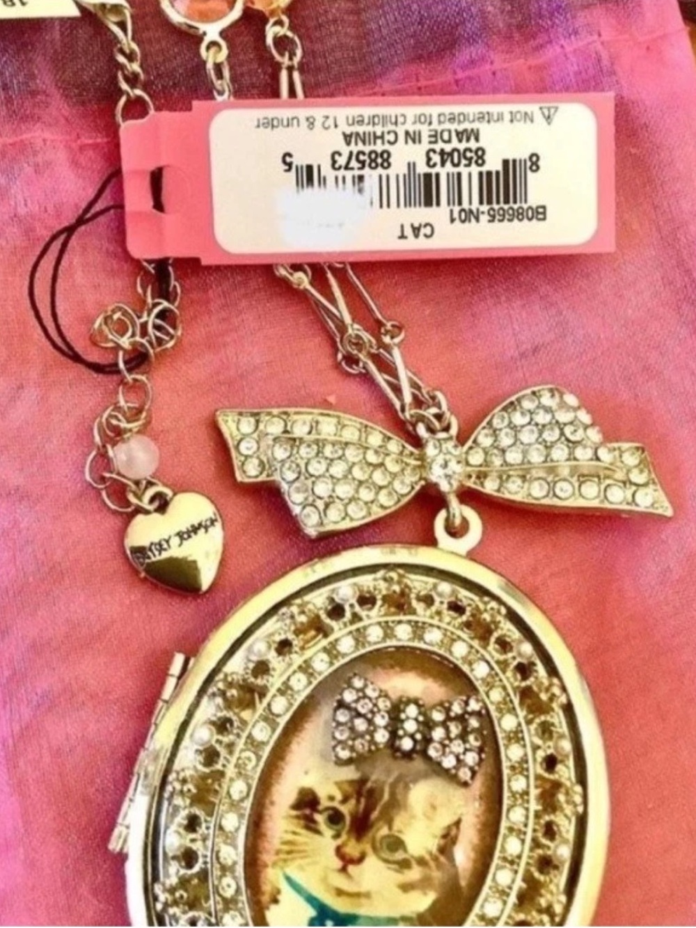 Rare vintage Betsey Johnson Gold Bow Locket Necklace with Pink Accents - Picture 2 of 7